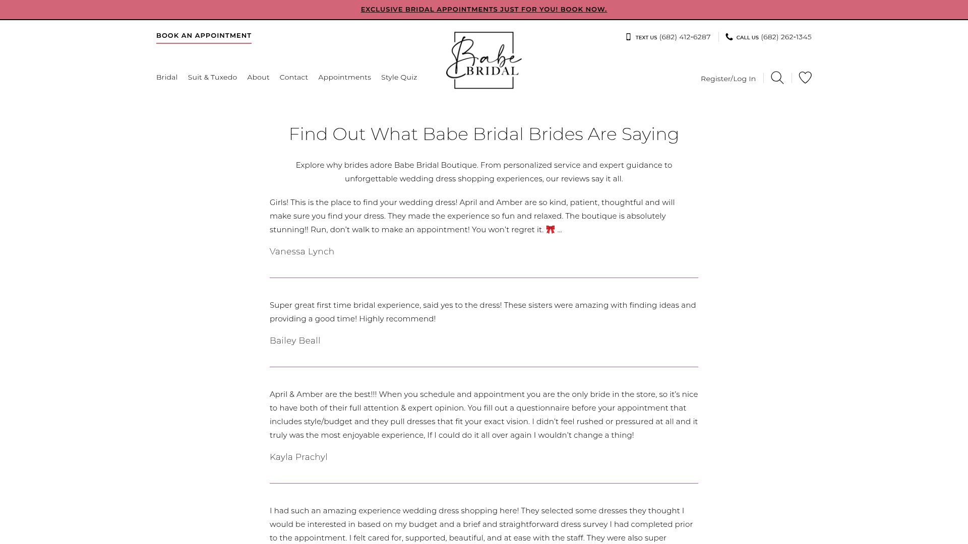 Babe Bridal Boutique website homepage