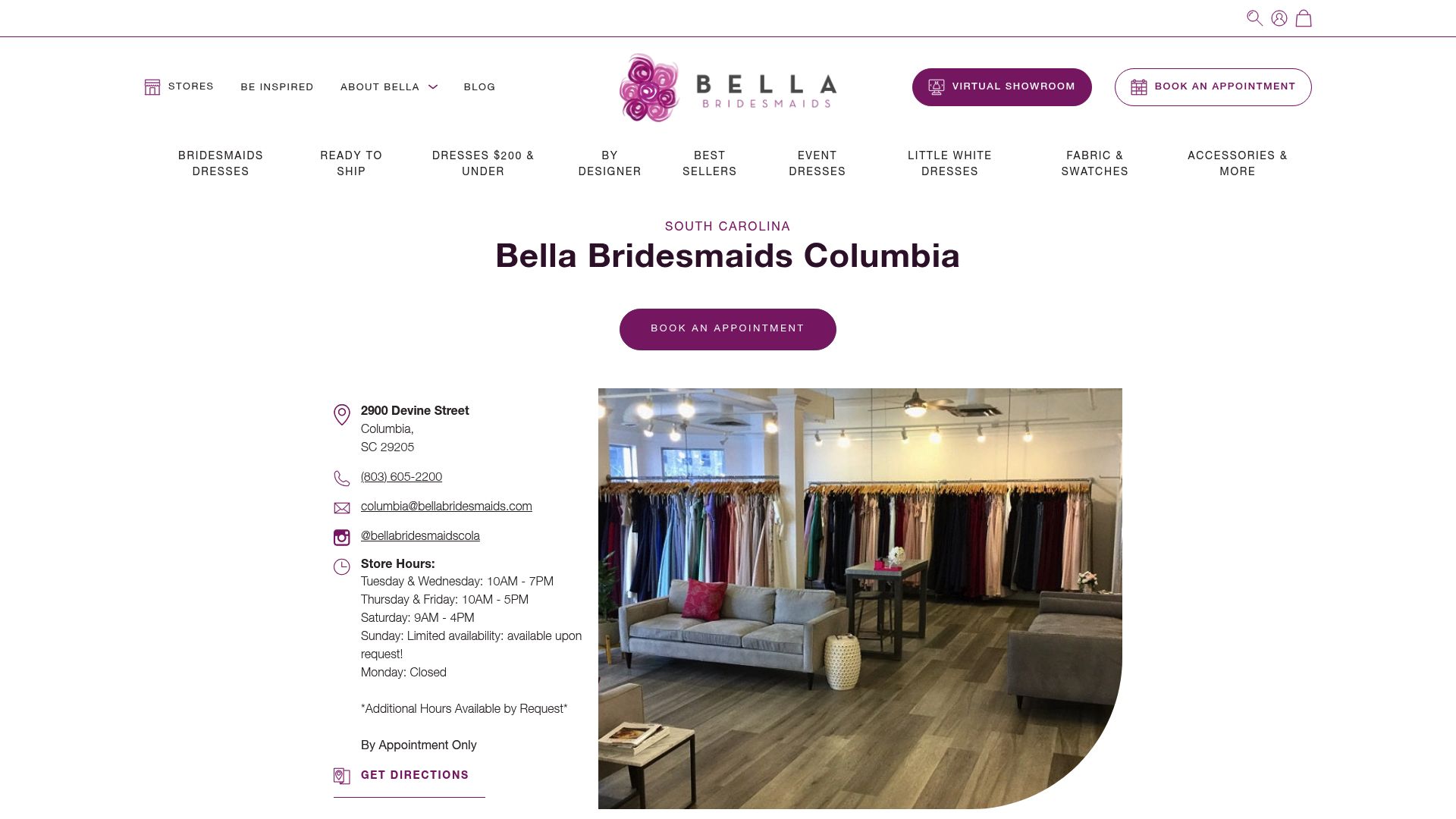 Bella Bridesmaids Columbia showroom displaying colorful bridesmaid dress collections