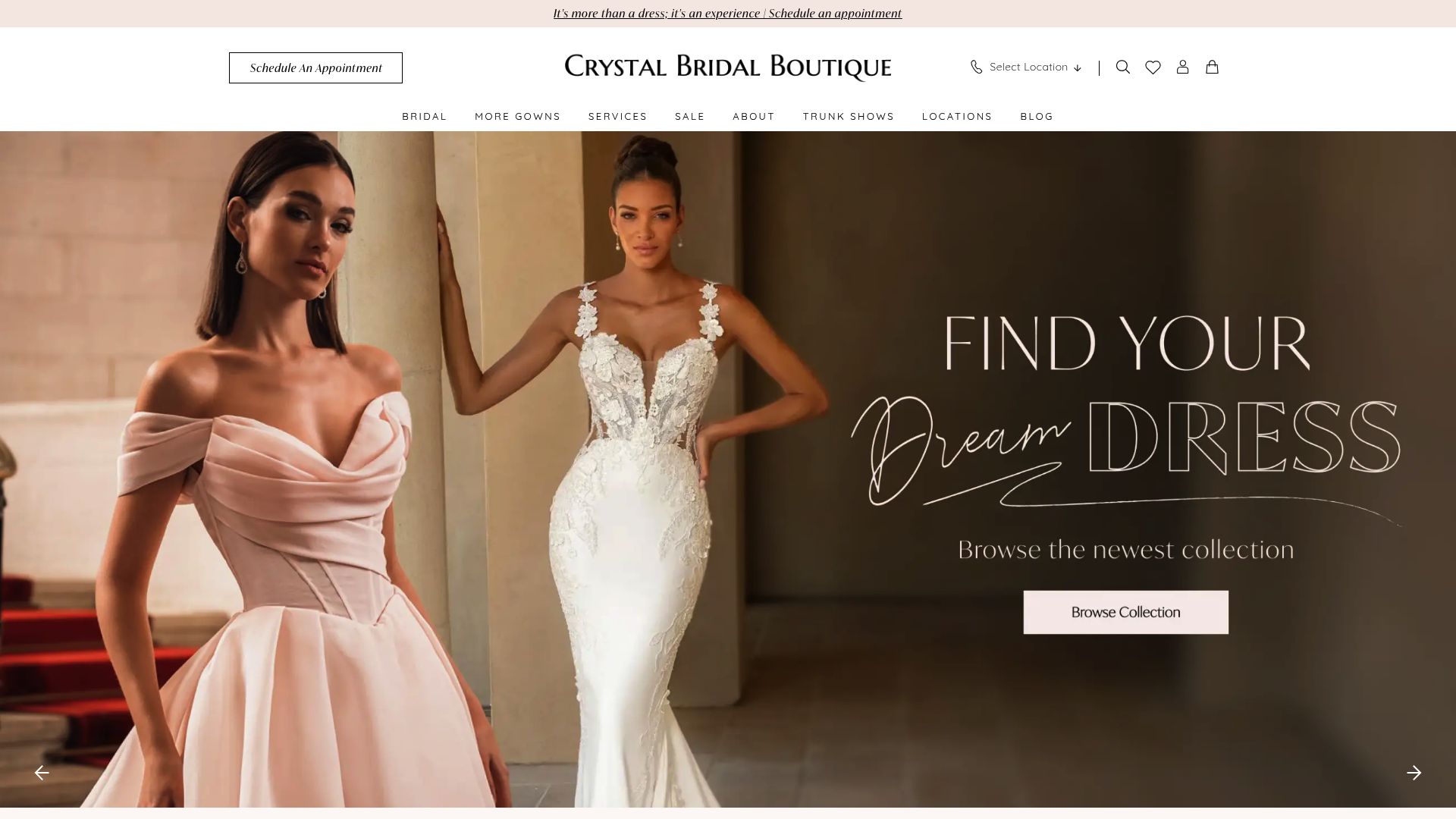 Crystal Bridal Boutique website homepage