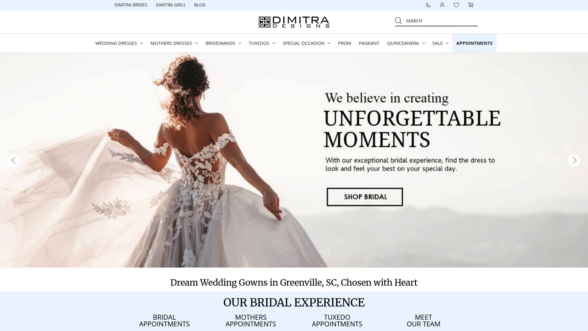 Dimitra Designs bridal boutique interior showing extensive dress selection