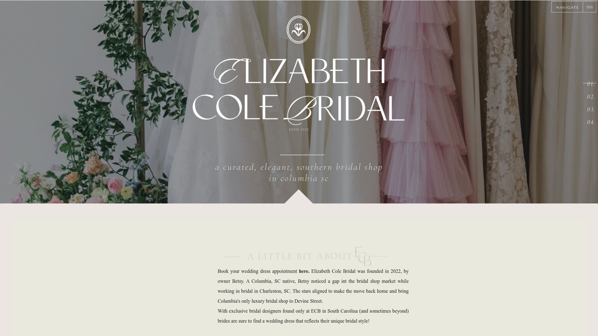 Elizabeth Cole Bridal boutique showing elegant interior with curated dress selection