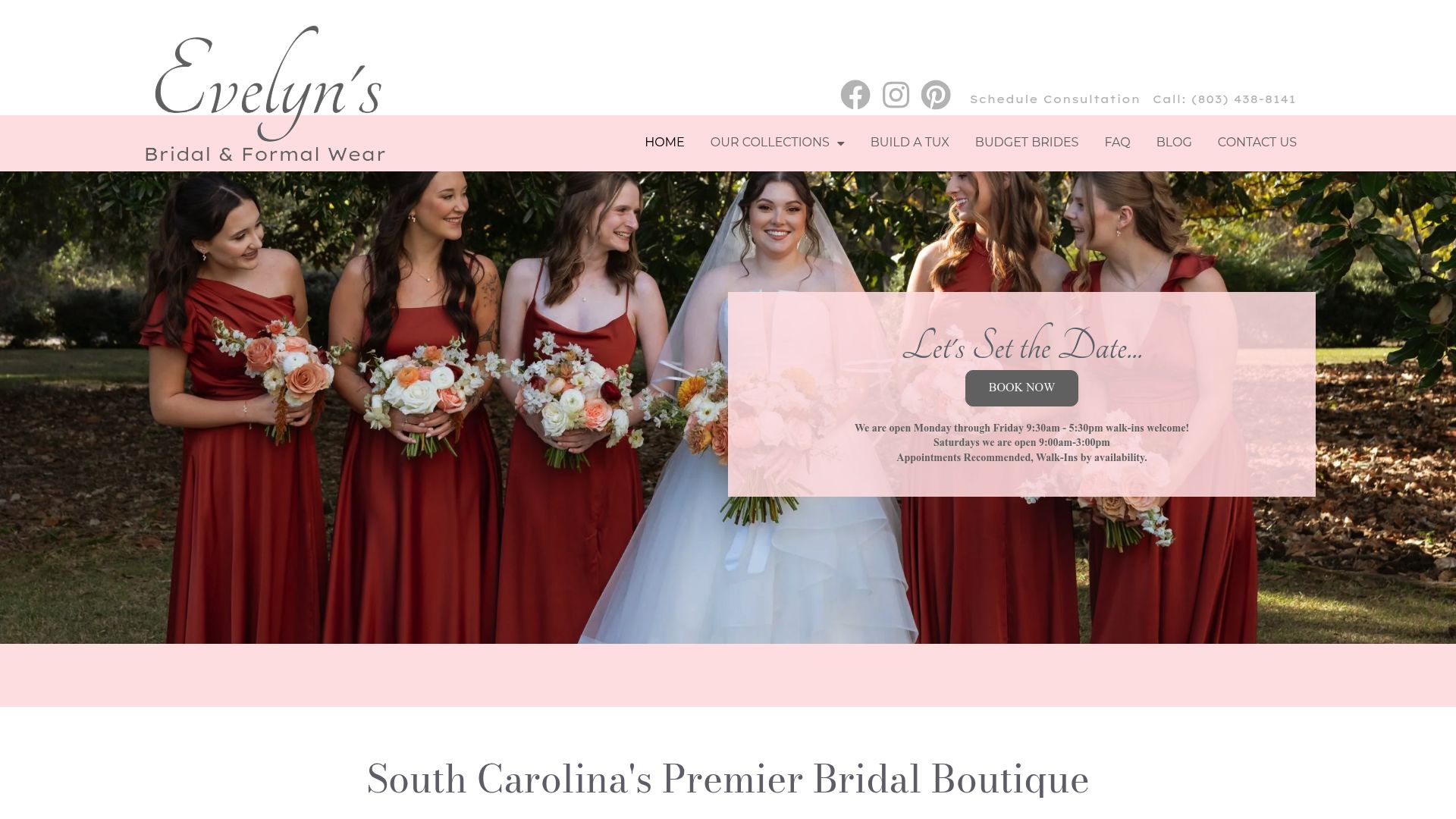 Evelyn's Bridal boutique interior showing elegant dress displays and fitting areas