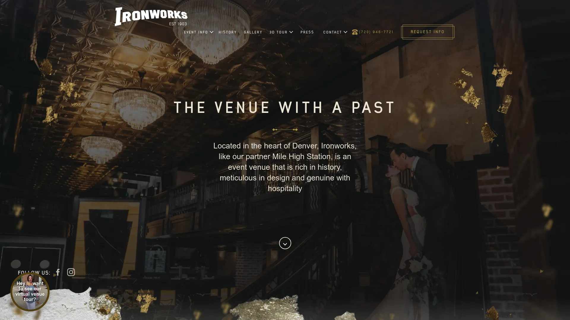 Ironworks Denver historic industrial venue with elegant chandeliers
