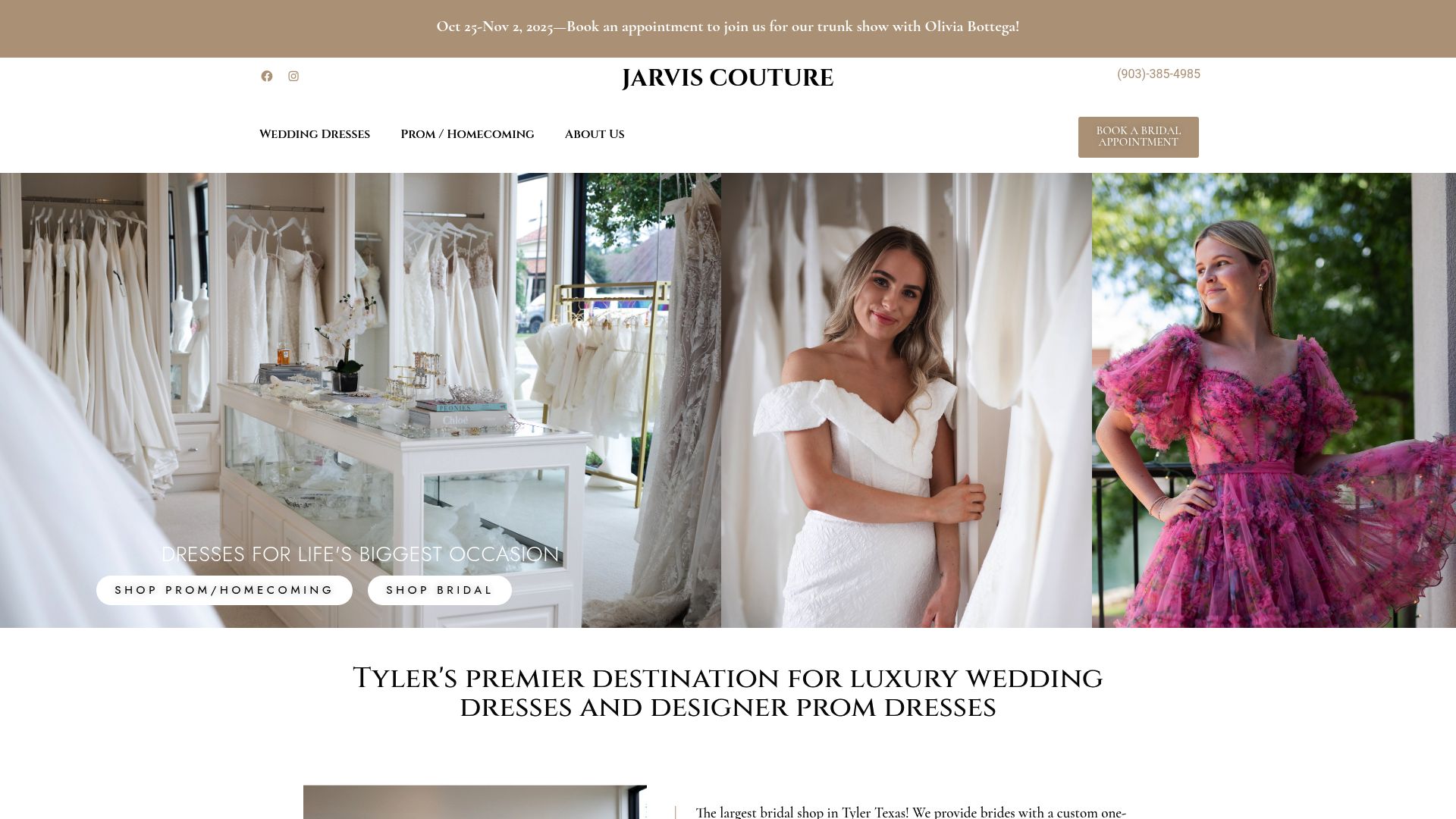 Jarvis Couture bridal shop website homepage