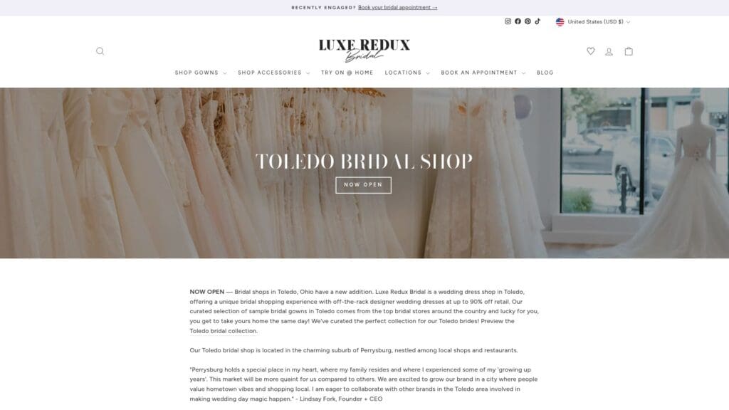 Luxe Redux Bridal Toledo location storefront and interior