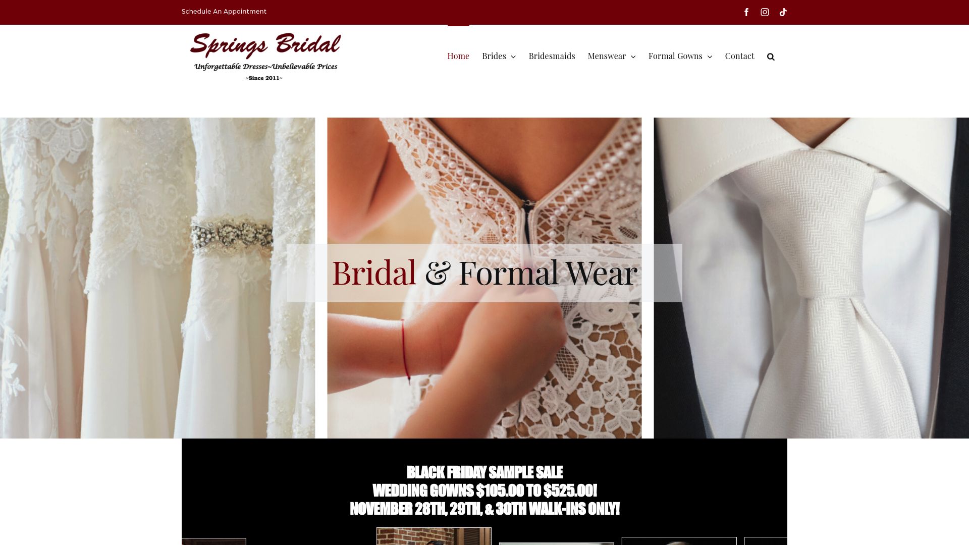 Springs Bridal website homepage showing affordable wedding dress collection