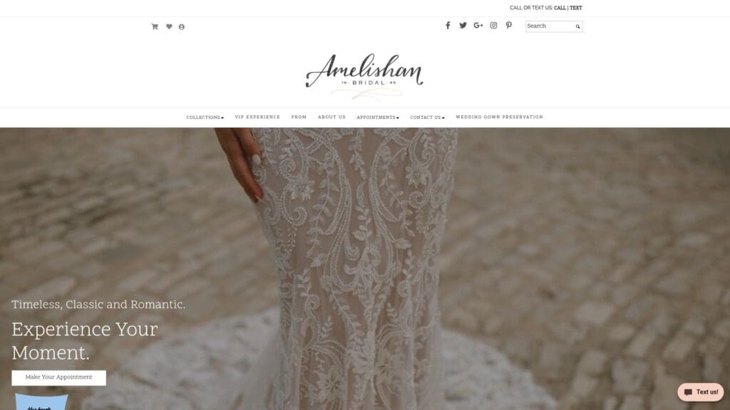 Amelishan Bridal website homepage