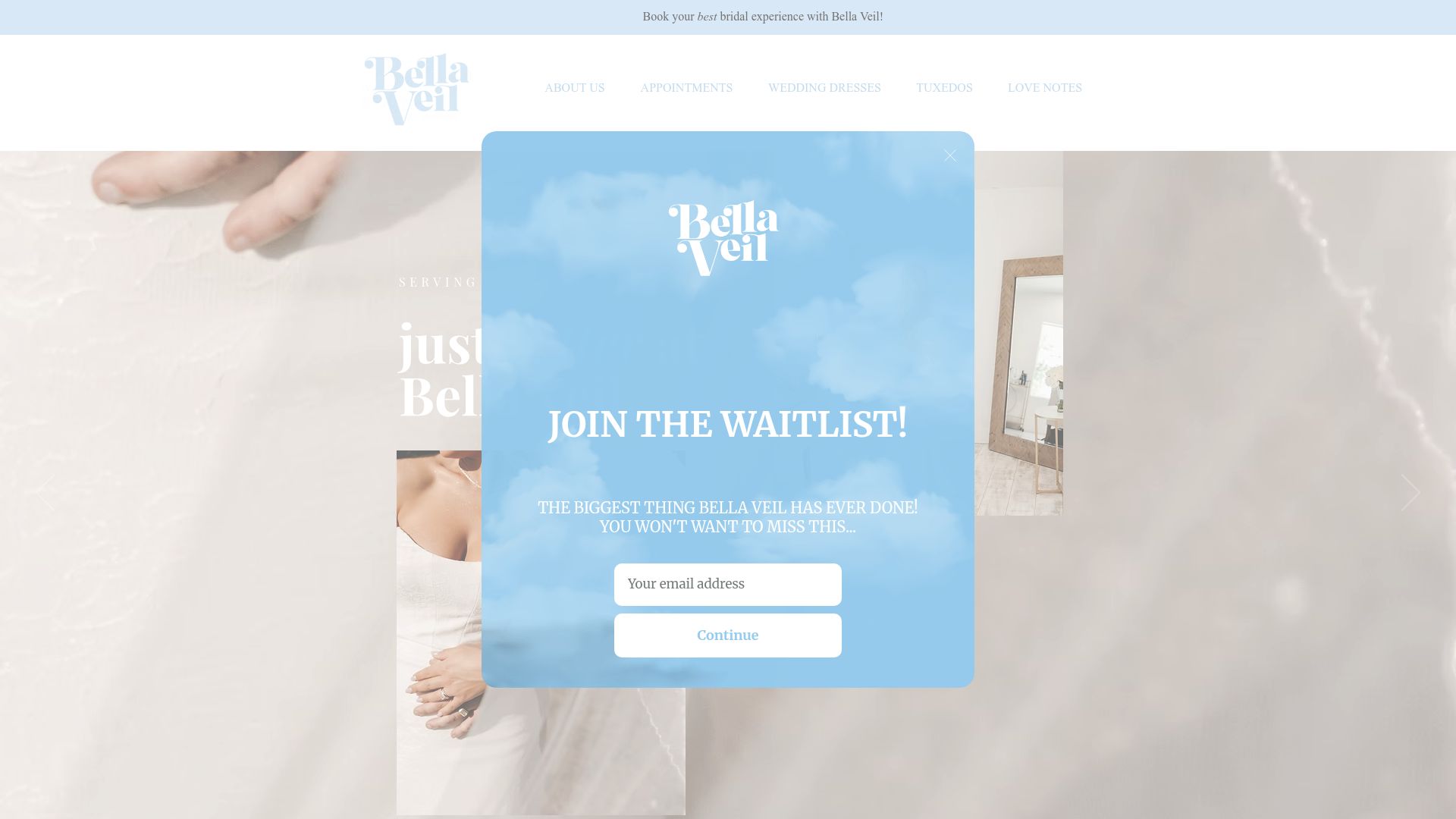 Bella Veil Bridal shop website homepage