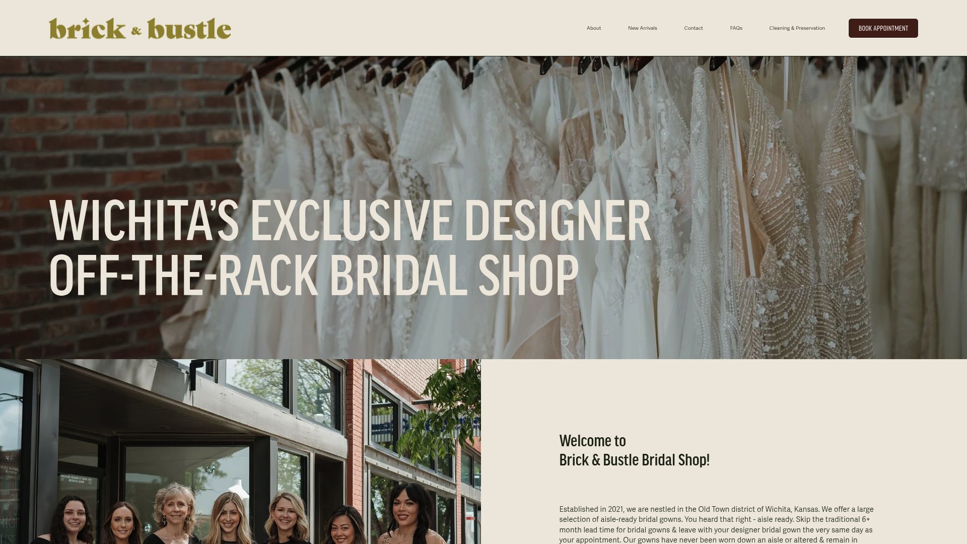 Brick & Bustle Bridal shop website homepage