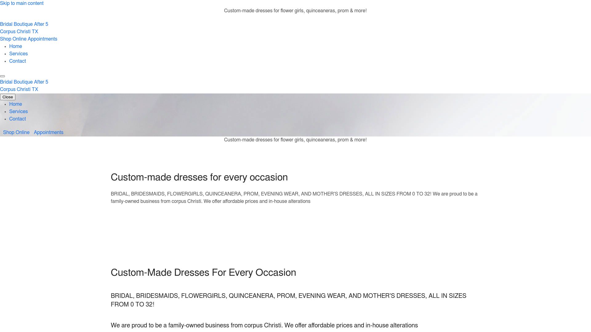 Bridal Boutique Five website homepage