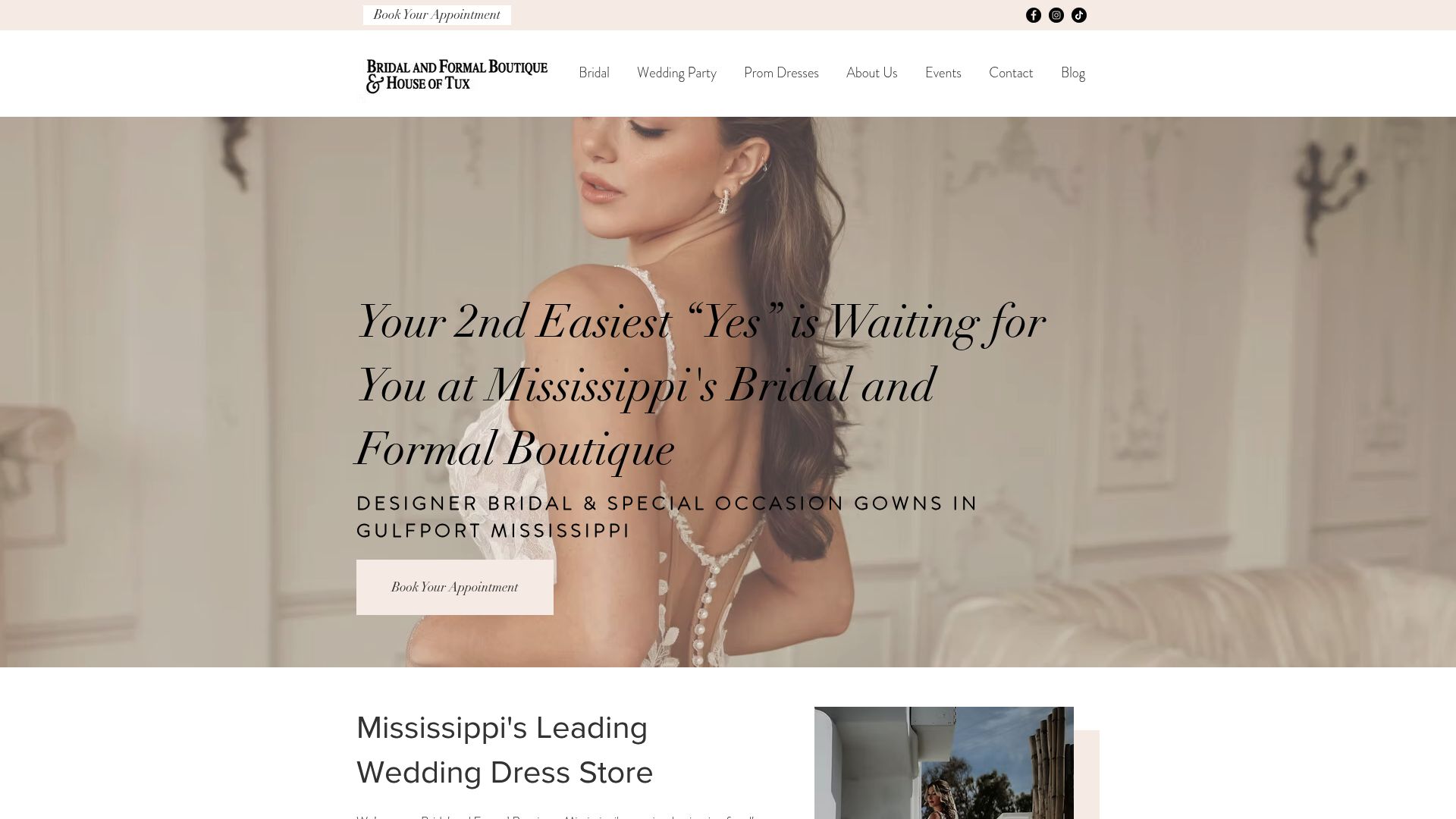 Bridal and Formal Boutique website homepage