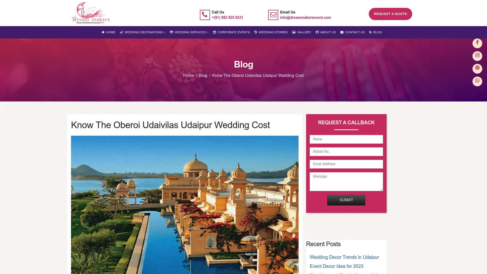 The Oberoi Udaivilas wedding venue