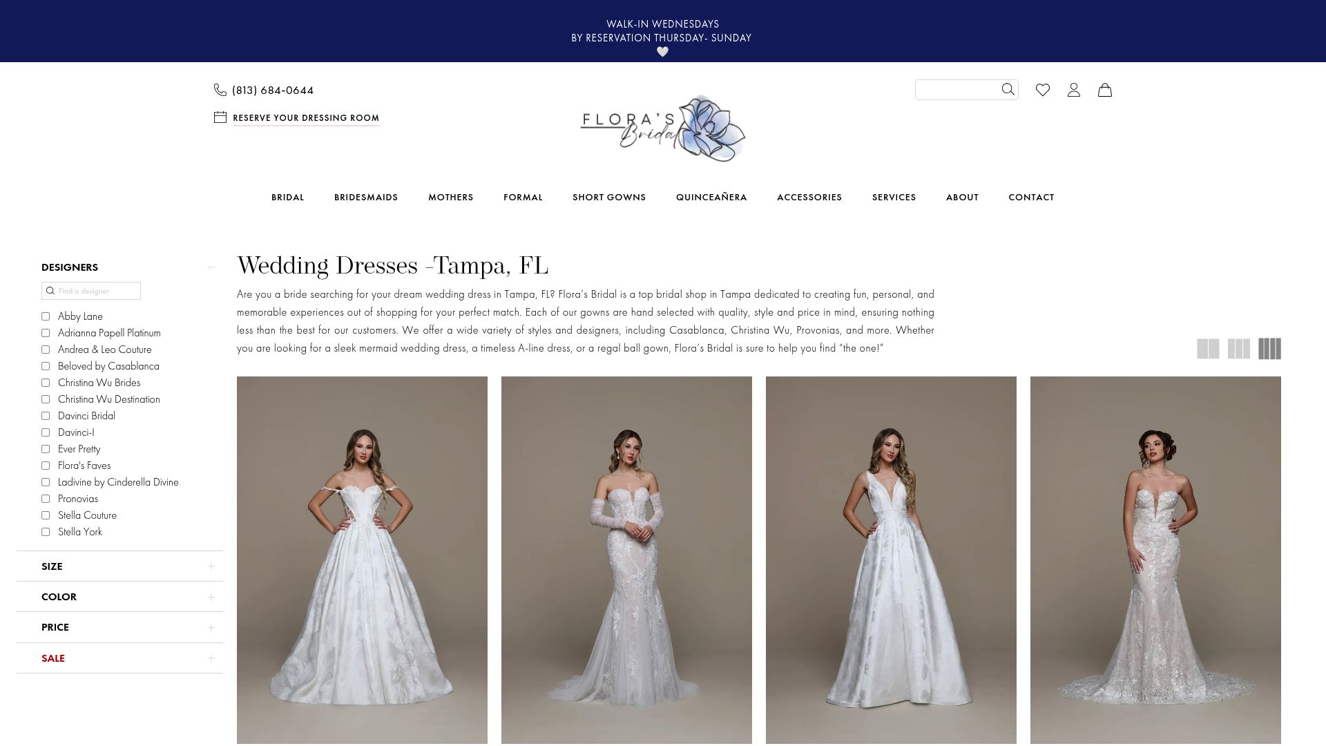 Flora's Bridal website showing wedding dresses