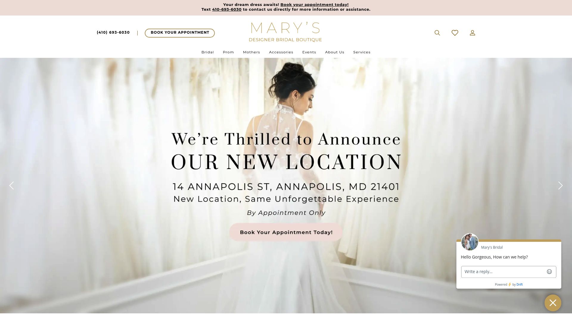 Mary's Designer Bridal Boutique website