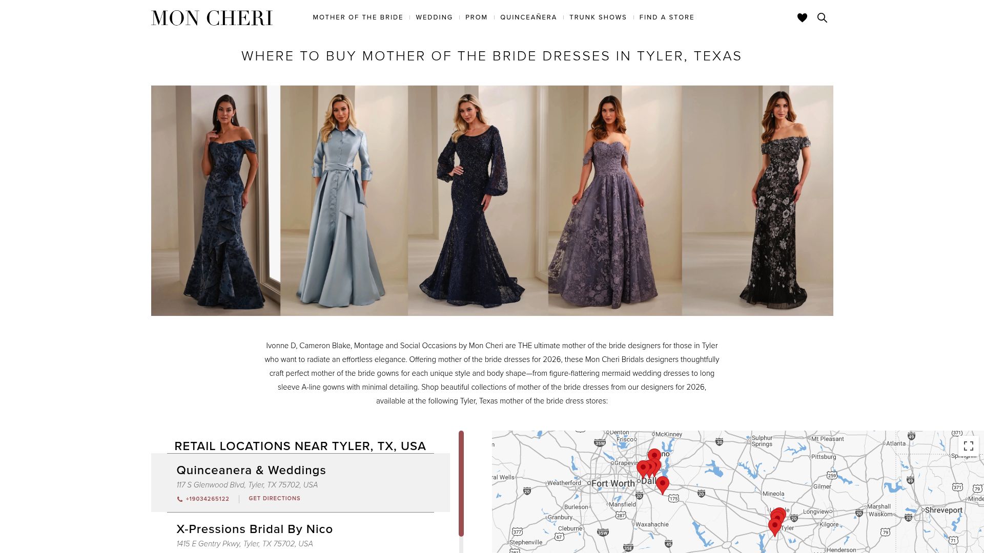 Mon Cheri Bridals Tyler TX stores page