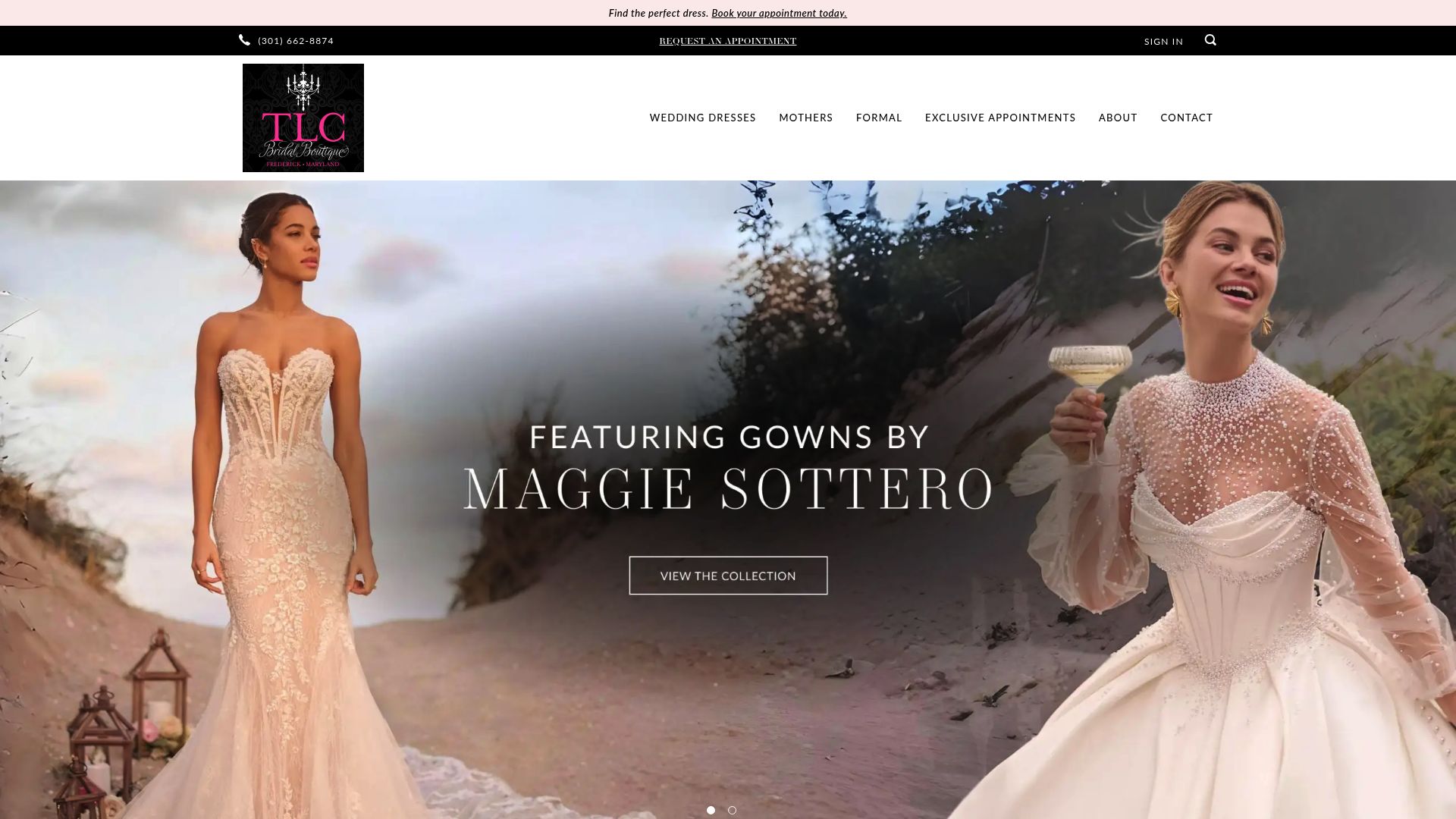 TLC Bridal Boutique website homepage