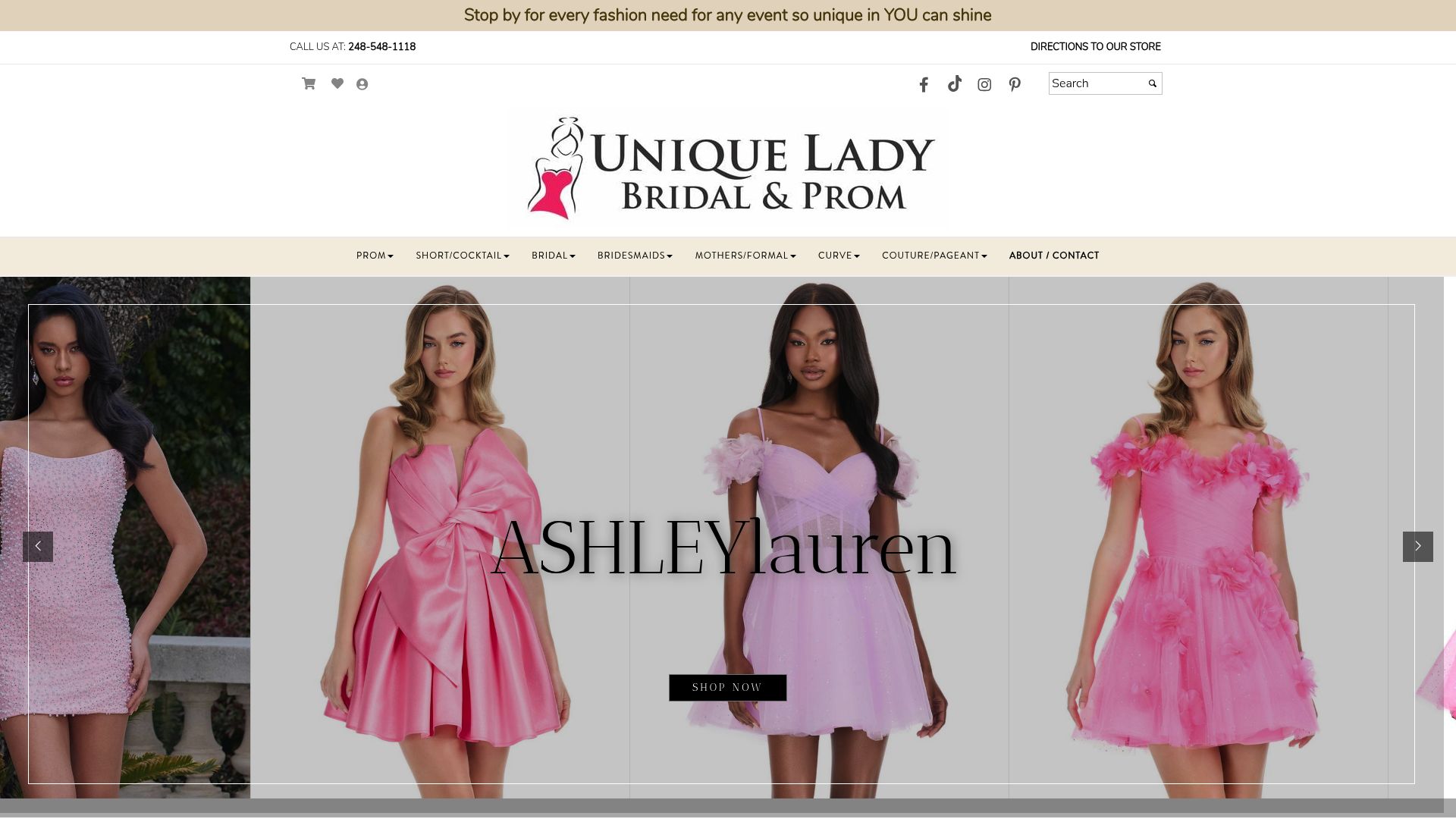 Screenshot of Unique Lady Bridal and Prom website