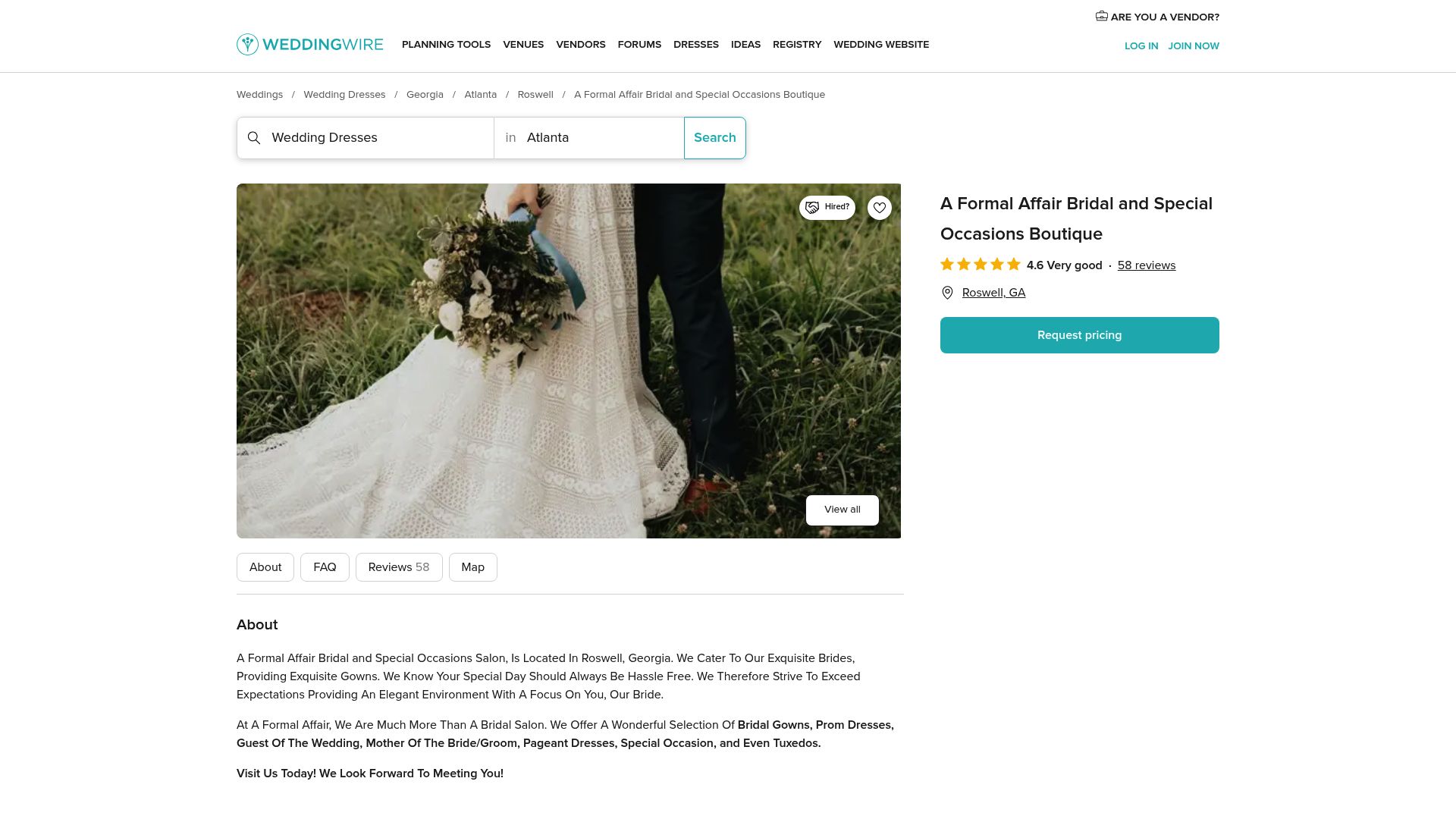 A Formal Affair Bridal WeddingWire listing screenshot