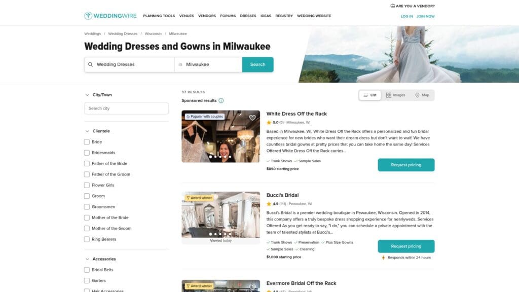 Bucci's Bridal WeddingWire profile page