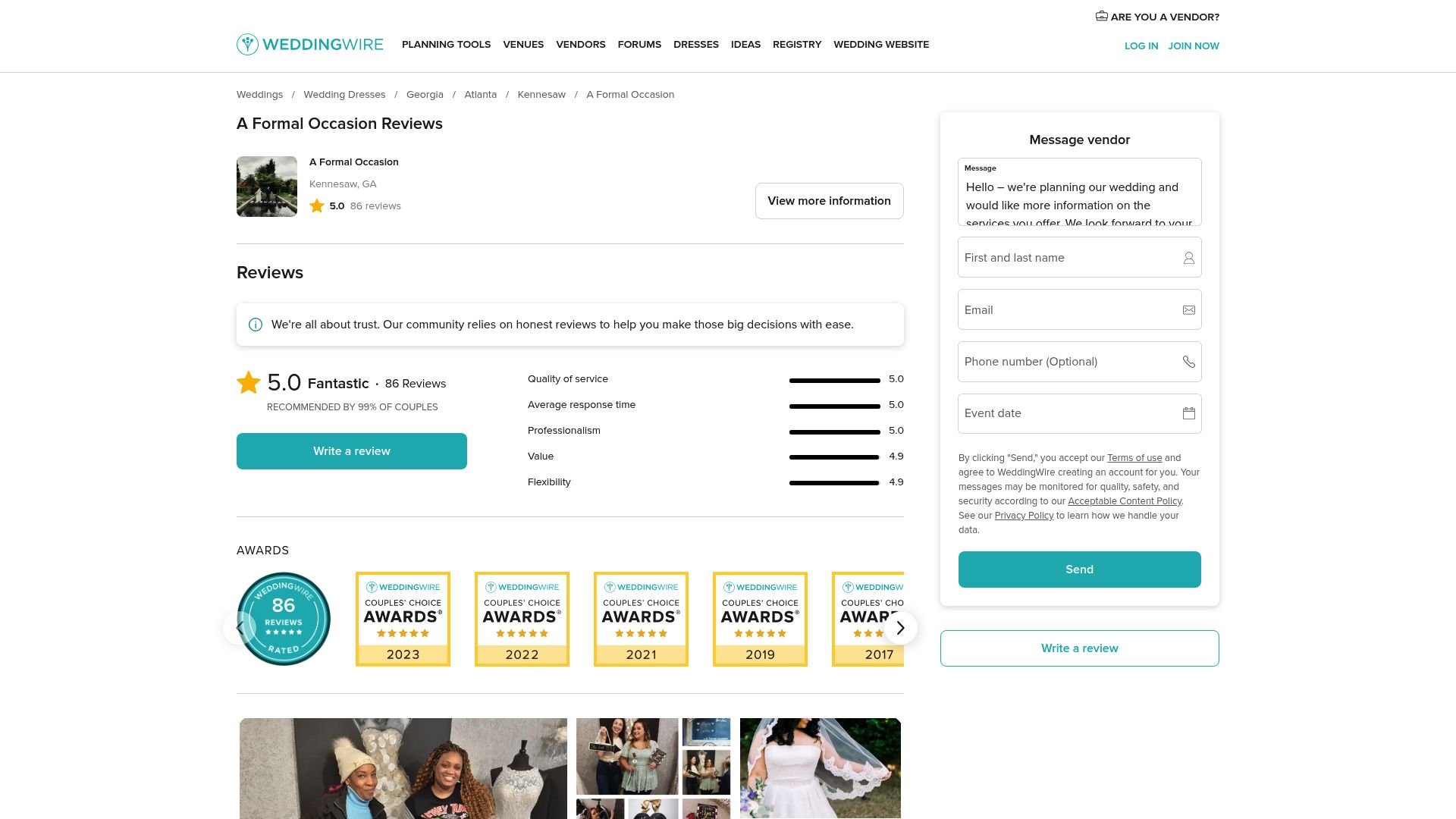 A Formal Occasion WeddingWire reviews screenshot