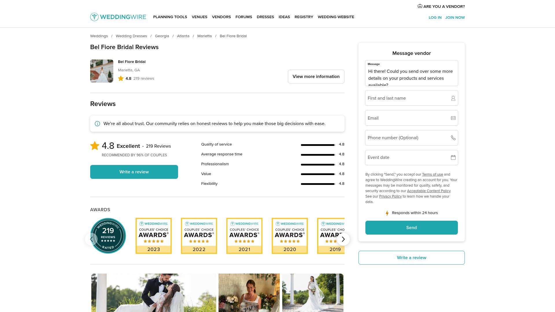 Bel Fiore Bridal WeddingWire reviews screenshot