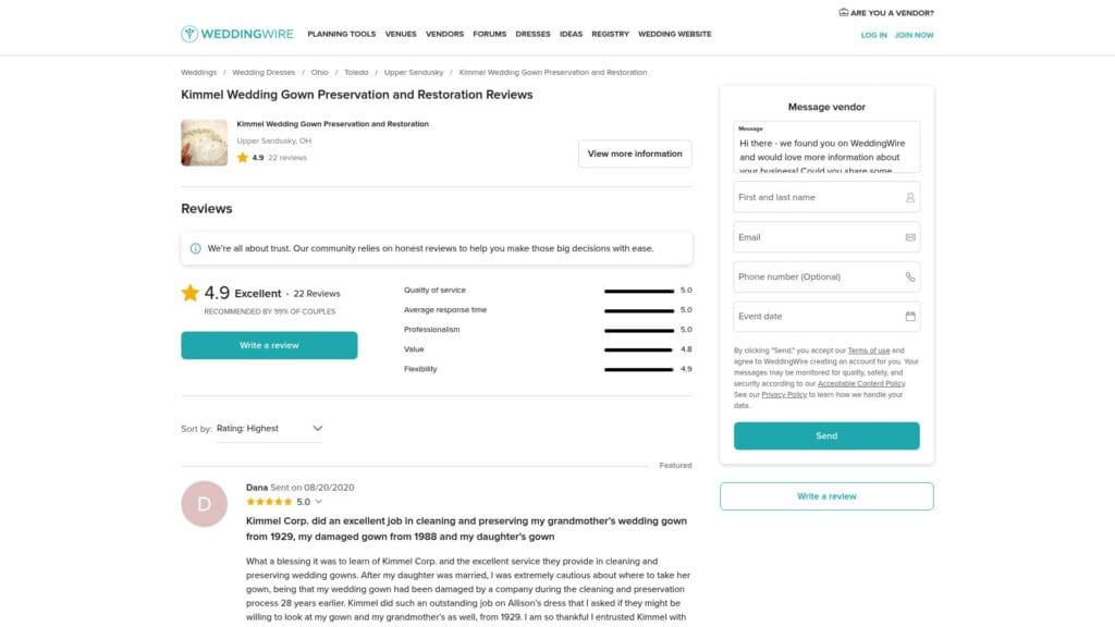 Kimmel Wedding Gown Preservation services