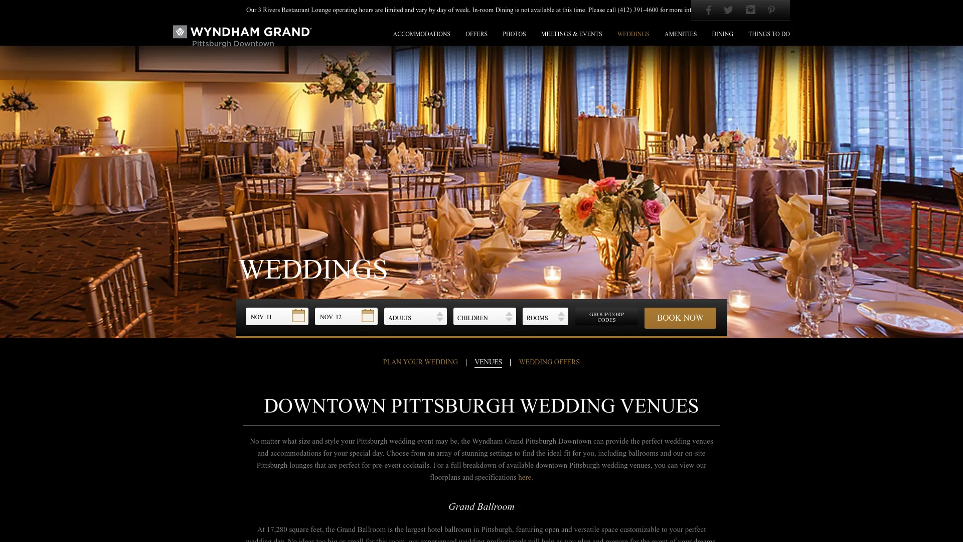 Wyndham Grand Pittsburgh ballroom with river views