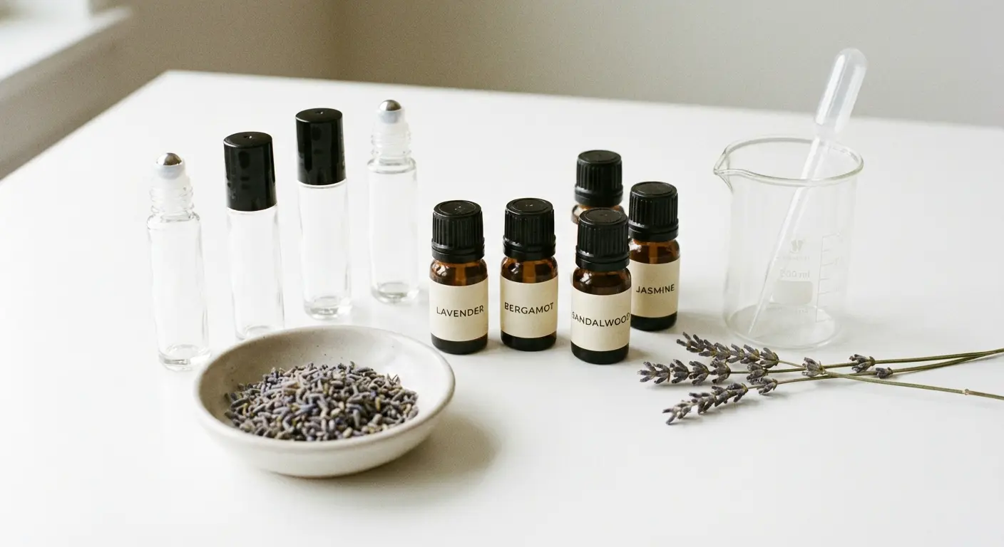 Essential oils and glass rollerballs for making custom perfume