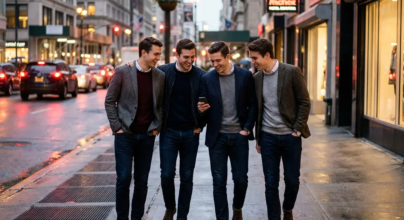 Group of guys walking through a city center during a bachelor scavenger hunt