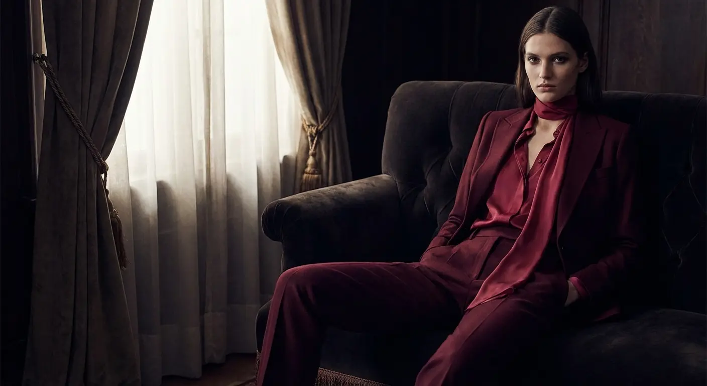 Burgundy trousers paired with a red shirt for a monochromatic look