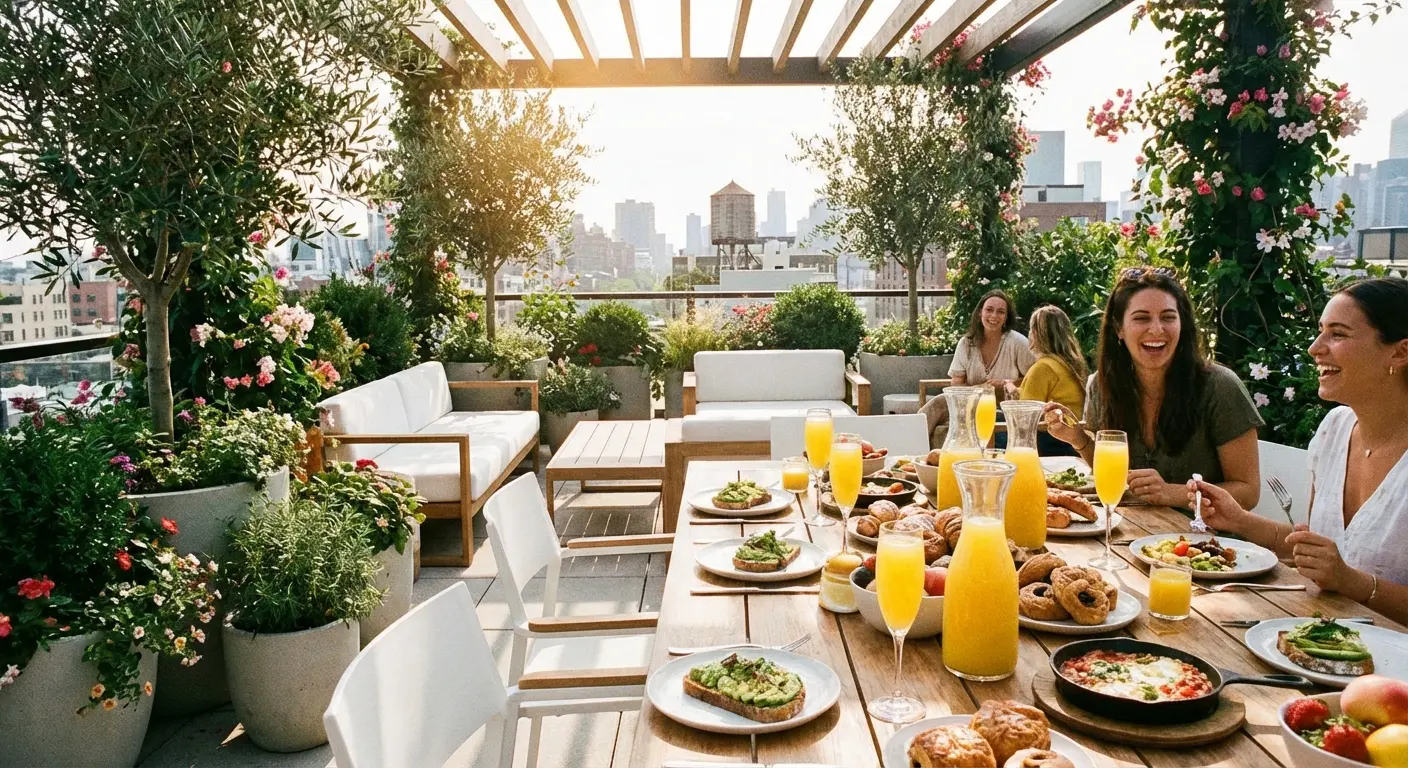 Aesthetic rooftop brunch setting with floral arrangements