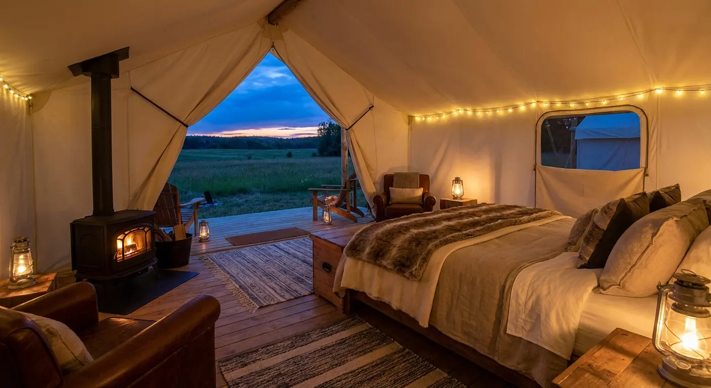 Luxury glamping tent at Under Canvas Yellowstone with mountain view