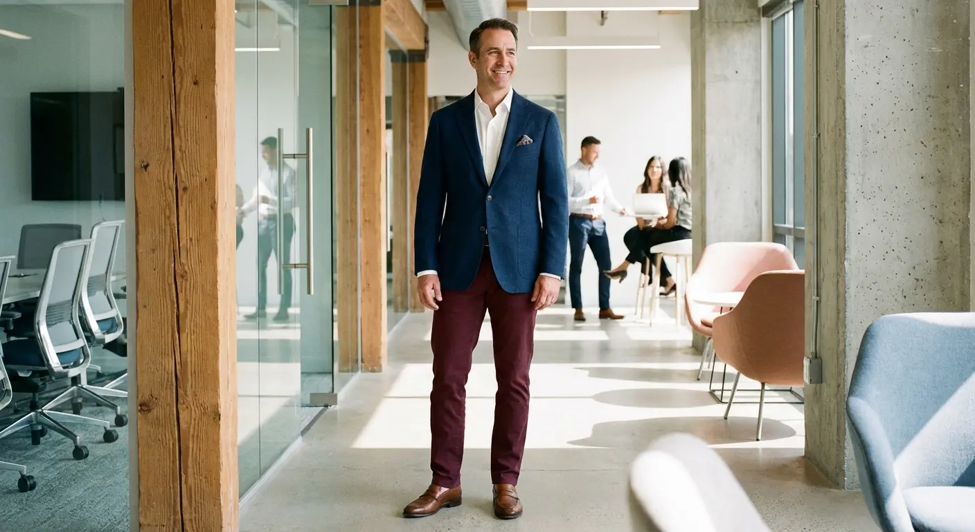 Man wearing navy blue blazer with burgundy pants