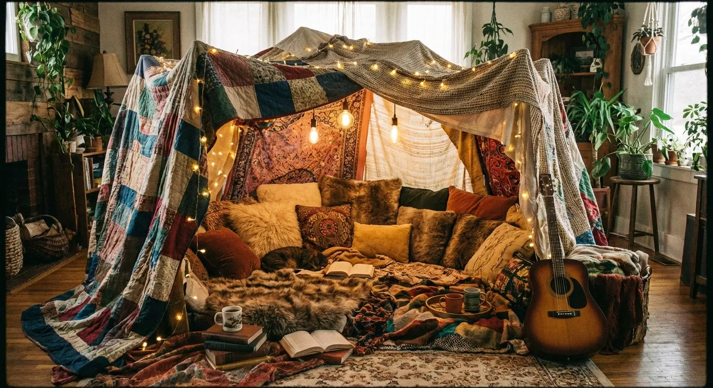 Cozy blanket fort setup with fairy lights