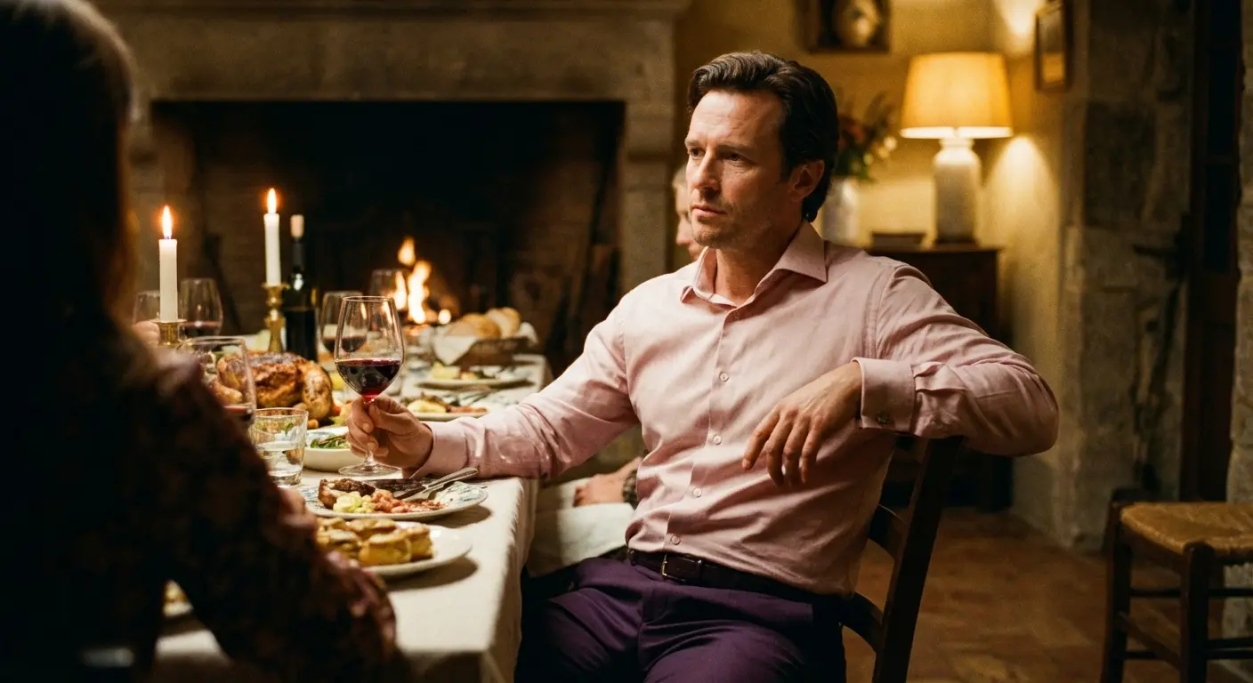 Romantic pink shirt styled with purple trousers