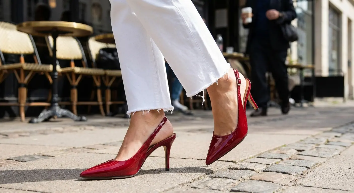 cherry red ballet flats with white pants