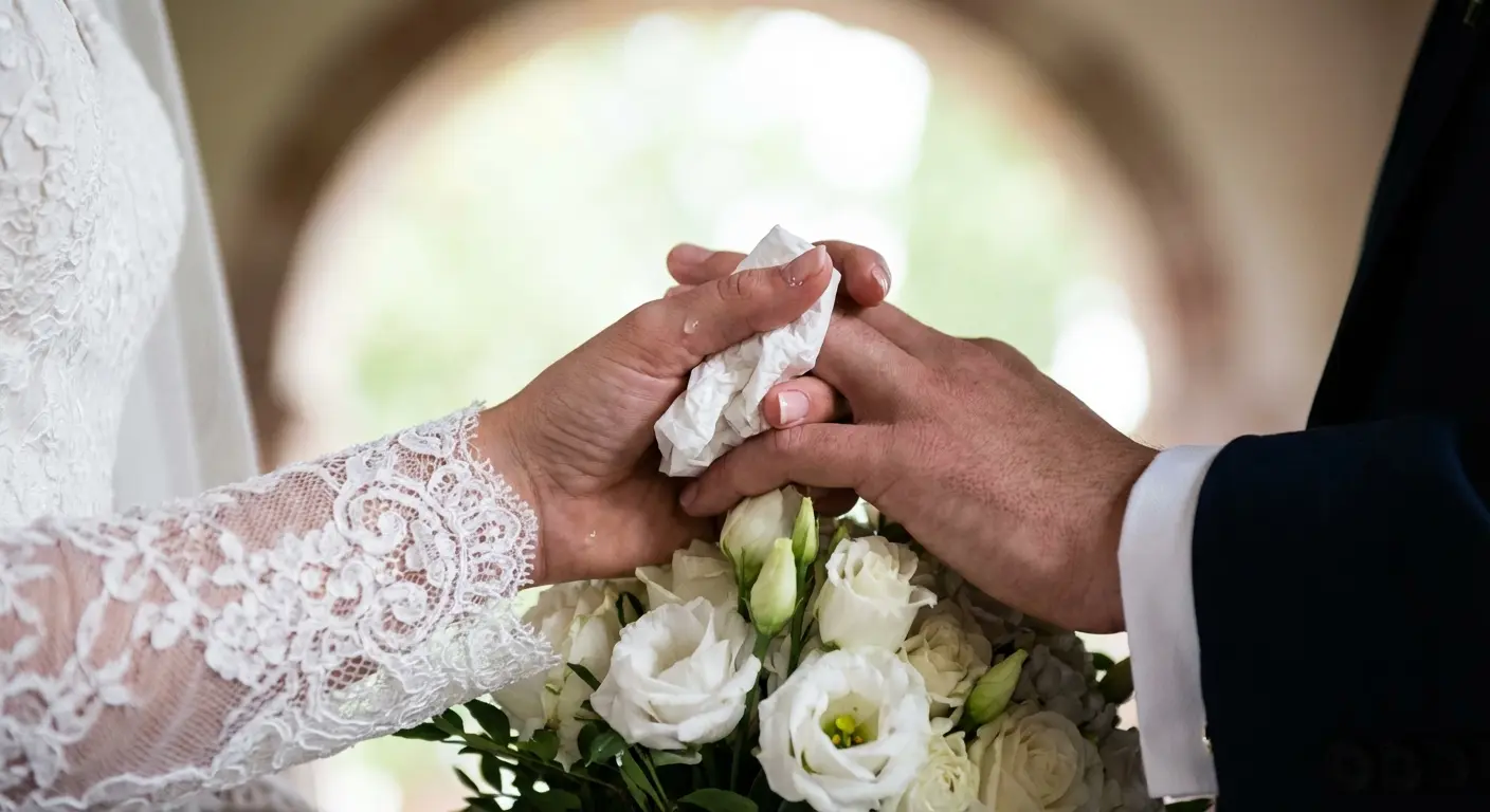 Bride wiping a tear during ceremony