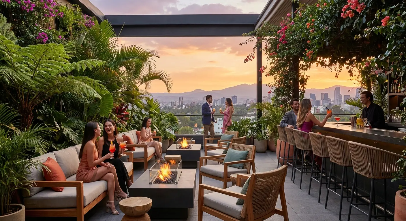 Toledo Rooftop bar with greenery and city skyline views