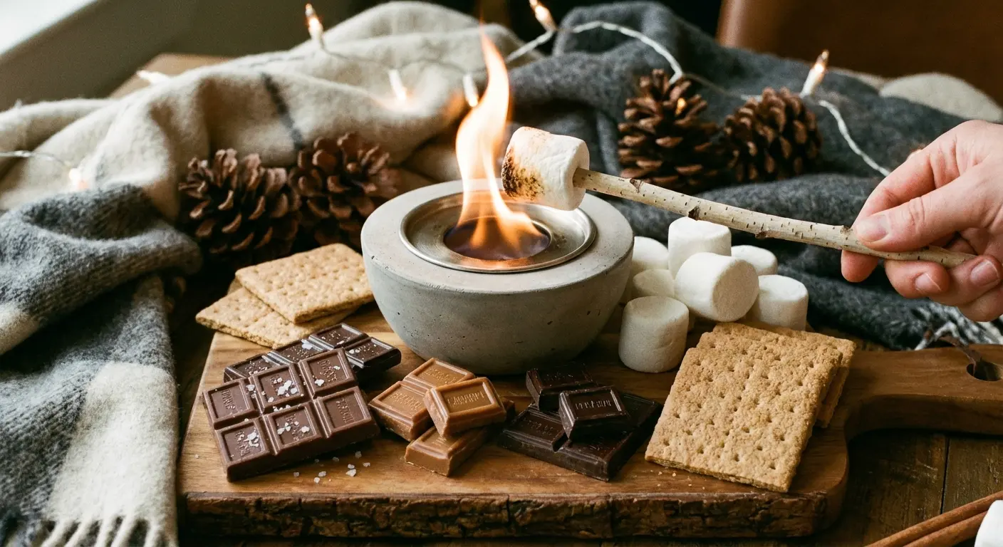 Tabletop indoor s'mores station with gourmet ingredients