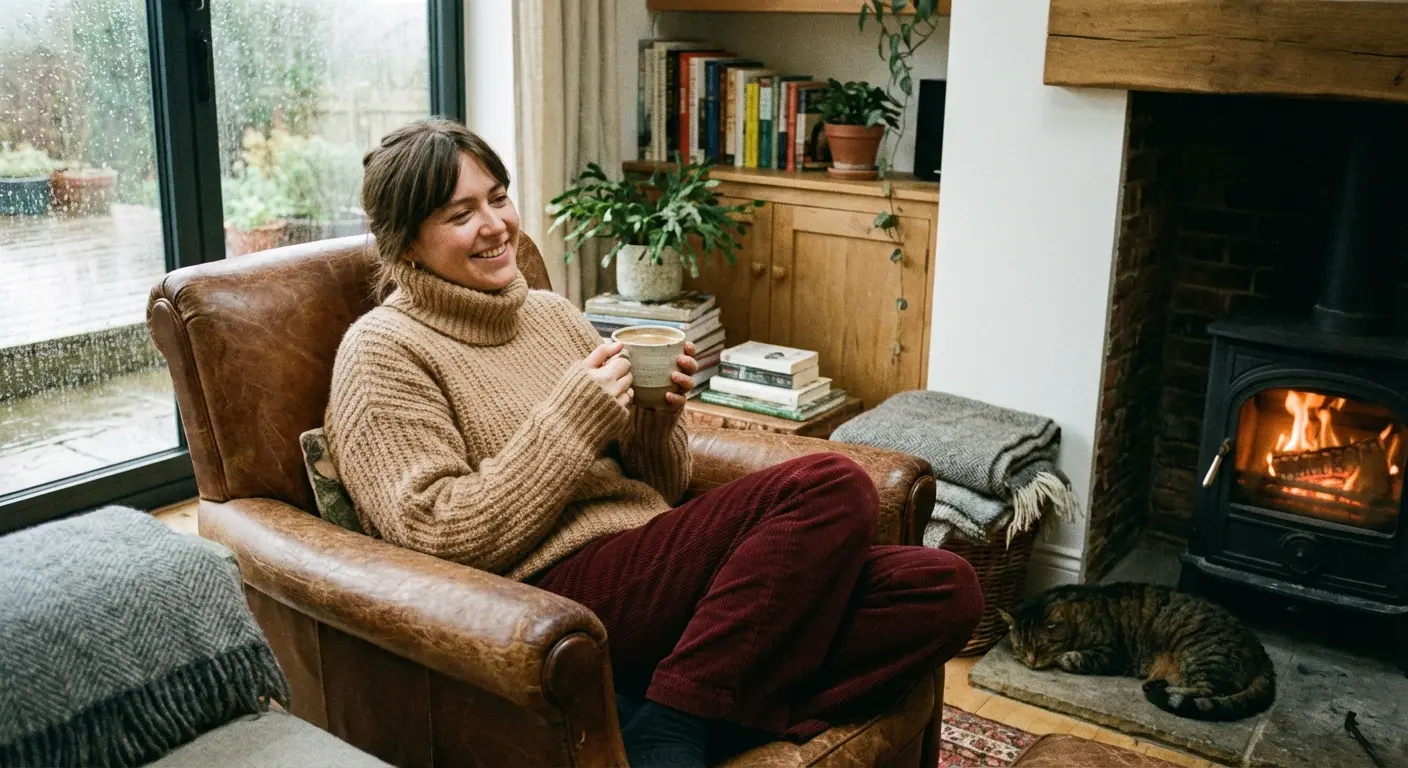 A camel cashmere sweater looks expensive when paired with deep red.