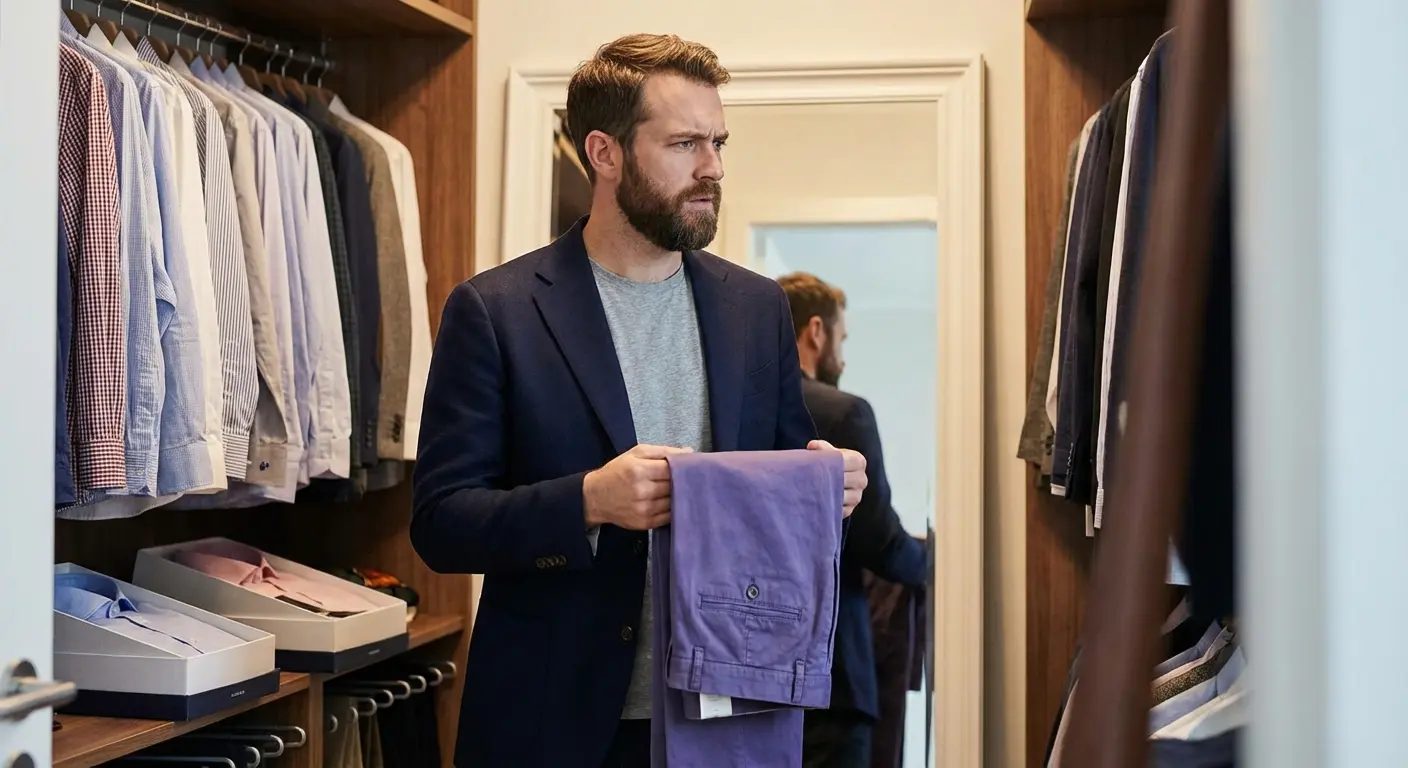 Man standing in front of mirror styling purple pants