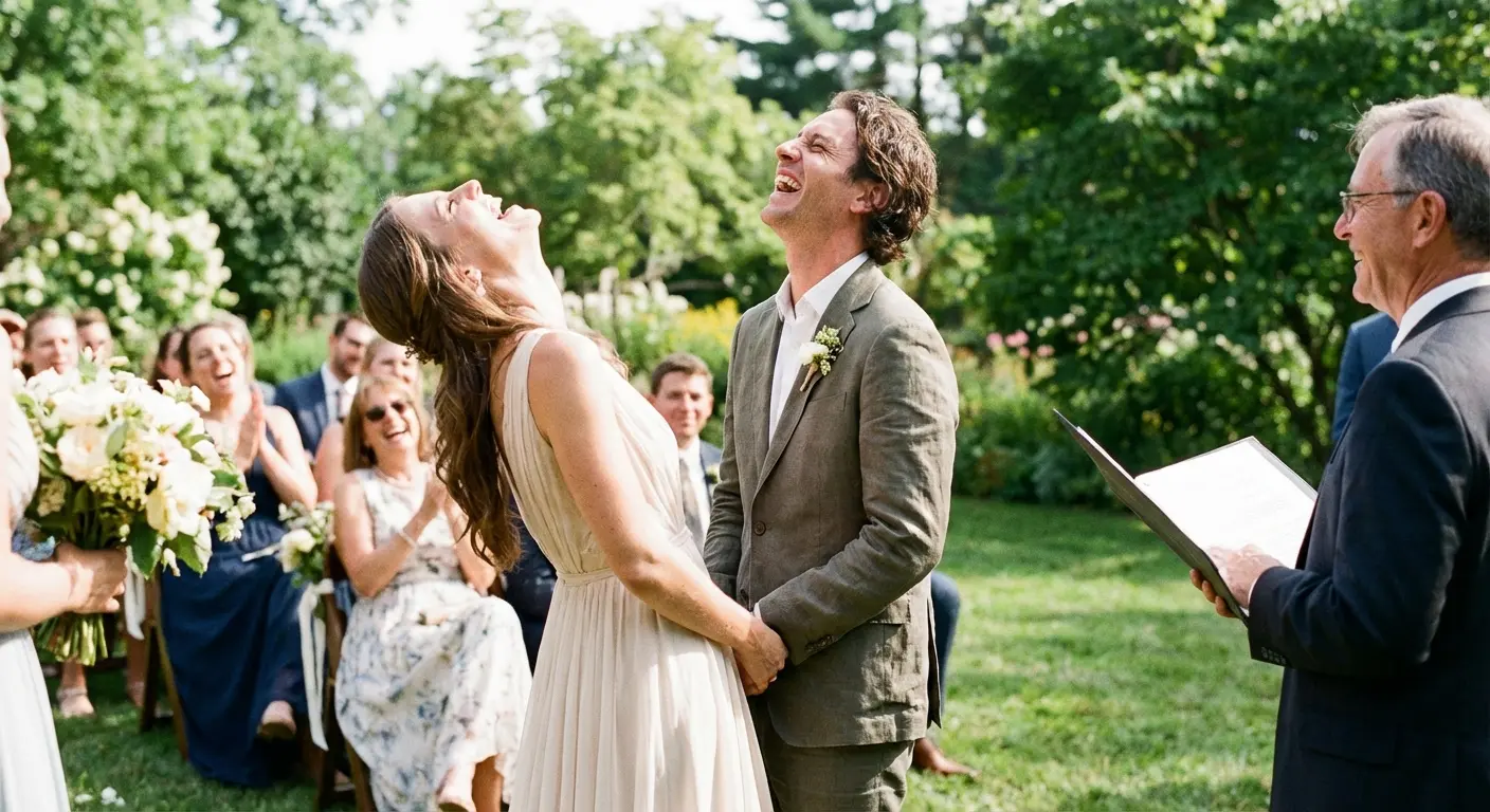 Couple laughing during humorous wedding vows