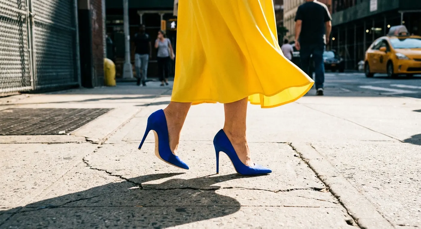 Royal blue heels contrasting with a bright yellow architectural dress