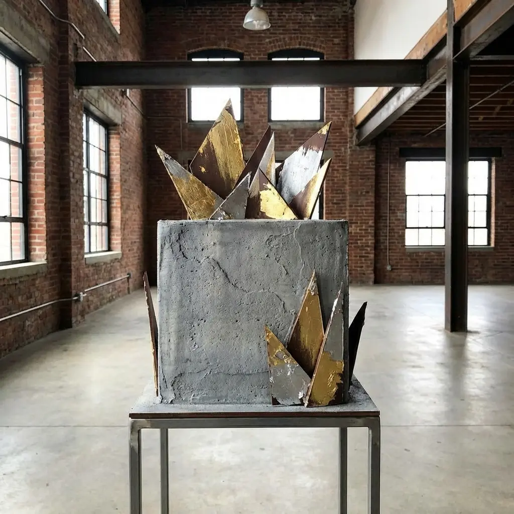 Minimalist concrete textured buttercream cake with metallic leaf