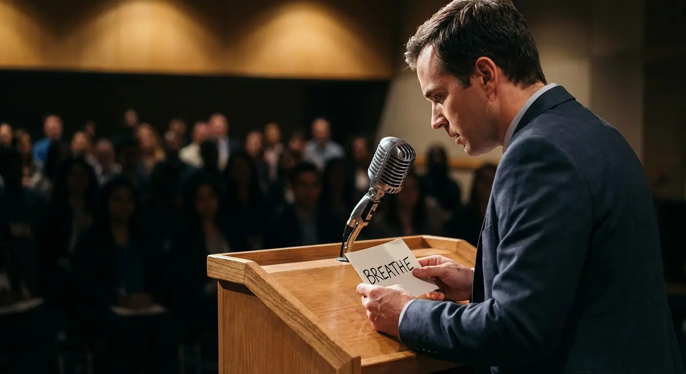 Person holding a microphone looking nervous but smiling
