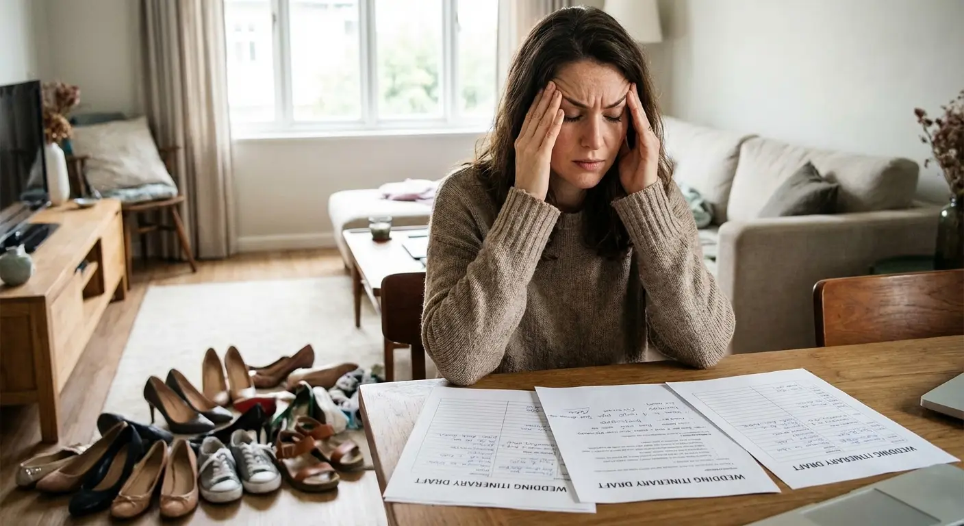 stressed woman sitting on floor surrounded by shoes and clothes