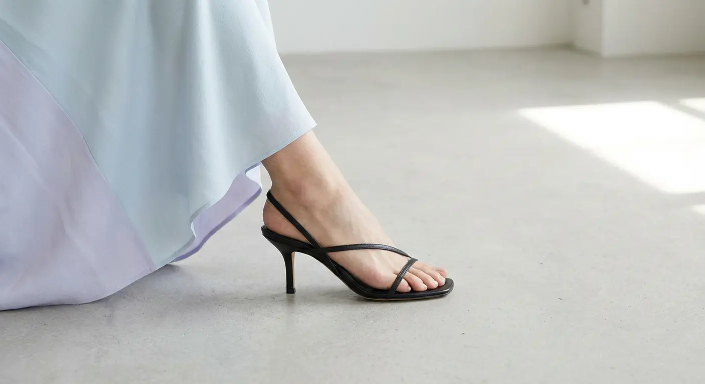 Strappy black heels creating contrast with a lavender dress