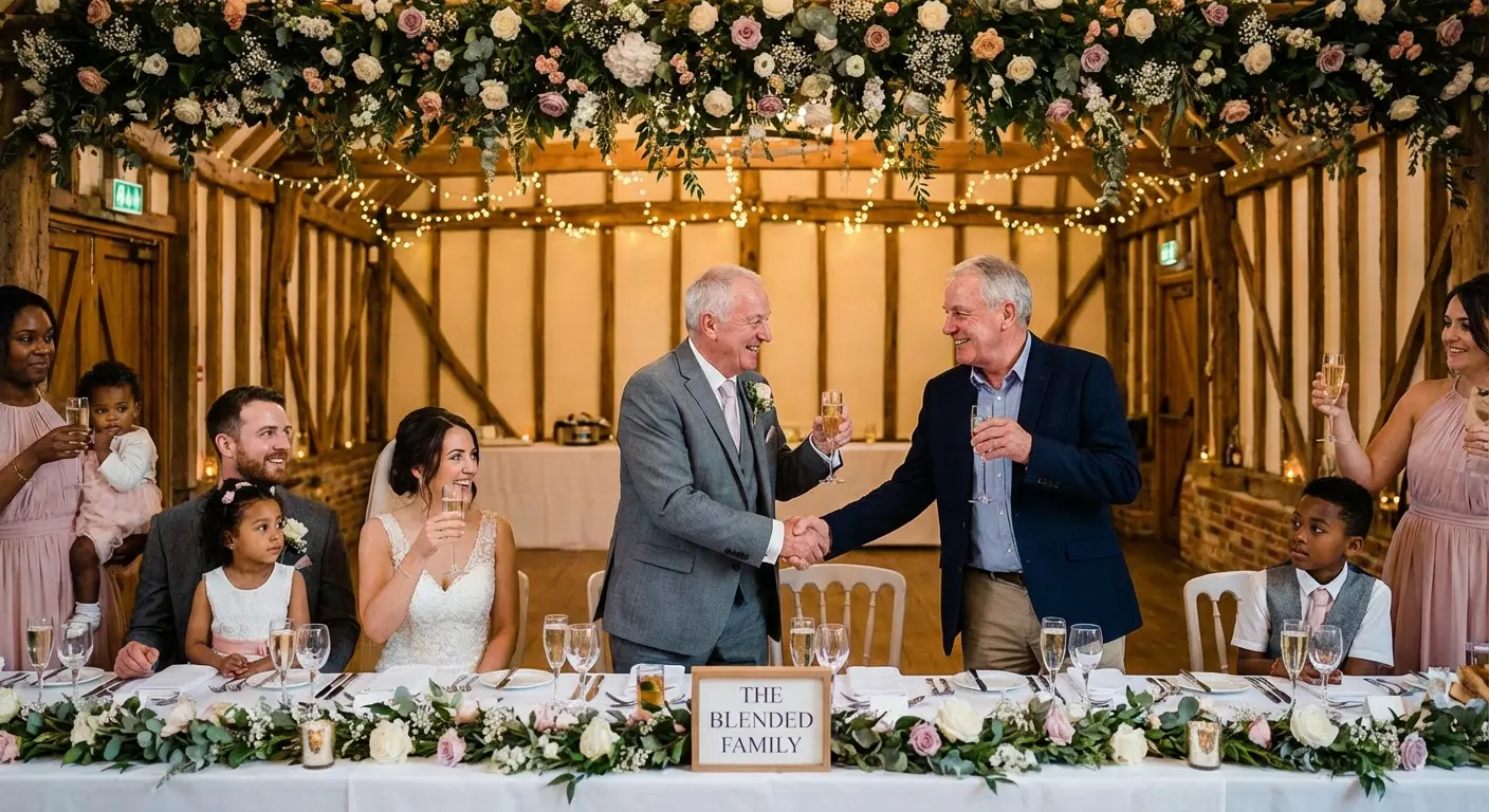 Blended family celebrating at a wedding