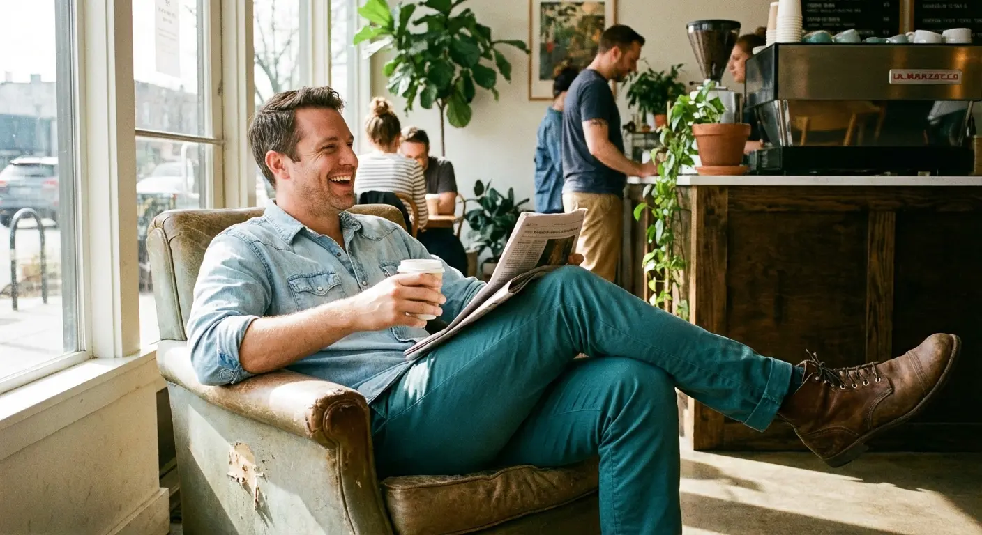 Chambray shirt with teal chinos for a casual look