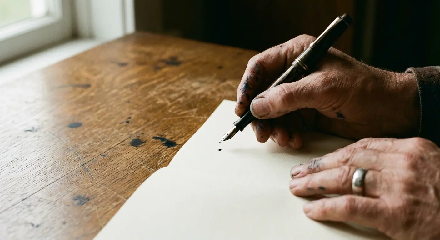 Woman writing at a desk, struggling to find words for an elegy poem